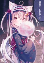 Rule 34 | 1girl, ahoge, black kimono, chestnut mouth, commentary request, copyright request, cotton candy, crescent, crescent hair ornament, flower, food, food on face, fuxiyu, grey hair, hair between eyes, hair flower, hair ornament, hairband, hairclip, heart, heart ahoge, holding, holding food, japanese clothes, kimono, lace-trimmed sleeves, lace trim, long sleeves, looking at viewer, looking to the side, obi, parted lips, red eyes, red flower, red rose, rose, sash, signature, solo, translation request, virtual youtuber, white hairband, wide sleeves, x hair ornament, yukata