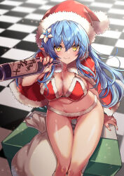 Rule 34 | 1girl, absurdres, bikini, blue hair, bottle, box, cape, christmas, closed mouth, elf, flower, fur-trimmed cape, fur trim, hair between eyes, hair flower, hair ornament, hat, highres, holding, holding bottle, hololive, long hair, looking at viewer, on box, pointy ears, pouring, pouring onto self, ralf, red bikini, red cape, sack, santa bikini, santa hat, sitting, sitting on box, smile, solo, swimsuit, very long hair, virtual youtuber, yellow eyes, yukihana lamy