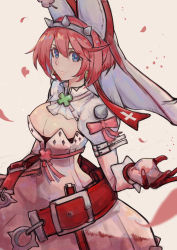 Rule 34 | 1girl, blue eyes, breasts, bridal veil, cleavage, clover, dress, elphelt valentine, falling petals, four-leaf clover, guilty gear, guilty gear xrd, heart, heart-shaped pupils, highres, large breasts, levvellevvel, looking at viewer, petals, pink hair, short hair, solo, symbol-shaped pupils, veil, wedding dress, white background