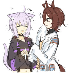 Rule 34 | 2girls, :d, agnes tachyon (umamusume), ahoge, animal ears, black shirt, brown hair, cat ears, cat girl, cat tail, closed eyes, collarbone, cropped torso, crossover, drawstring, female focus, hair between eyes, highres, holding, hololive, horse ears, horse girl, horse tail, lab coat, long sleeves, midriff, multiple girls, navel, nekomata okayu, nekomata okayu (1st costume), open clothes, open mouth, parted lips, puffy long sleeves, puffy sleeves, red eyes, shirt, simple background, sketch, sleeves past fingers, sleeves past wrists, smile, sweater vest, tail, toumori kanna, umamusume, upper body, vial, virtual youtuber, white background