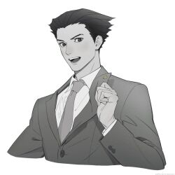 Rule 34 | 1boy, ace attorney, black eyes, black hair, coat, collared coat, collared shirt, cropped torso, grey background, greyscale, hair slicked back, highres, kune akiro, long sleeves, male focus, monochrome, necktie, open mouth, phoenix wright, shirt, simple background, solo, teeth, tongue, white shirt