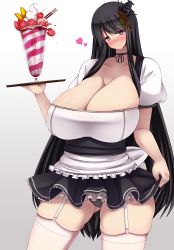 Rule 34 | 10s, 1girl, alternate costume, black hair, blush, breasts, cleavage, curvy, food, fruit, fusou (kancolle), gigantic breasts, gradient background, hair ornament, highres, huge breasts, kantai collection, long hair, looking at viewer, panties, plump, red eyes, smile, solo, spoon, standing, strawberry, thick thighs, thighhighs, thighs, underwear, very long hair, waitress, wide hips, yuzumiya mono