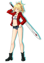 Rule 34 | 1girl, bandeau, belt, black belt, black footwear, blonde hair, blue shorts, blush, breasts, cleavage, closed eyes, collarbone, denim, denim shorts, fate/apocrypha, fate (series), full body, hair between eyes, hair ornament, hair scrunchie, holding, holding sword, holding weapon, jacket, jewelry, long hair, long sleeves, micro shorts, midriff, mordred (fate), mordred (fate/apocrypha), mordred (memories at trifas) (fate), navel, open clothes, open jacket, pendant, ponytail, red jacket, red scrunchie, scrunchie, shorts, simple background, small breasts, solo, standing, stomach, sword, tachi-e, weapon, white background, white bandeau, yustinos