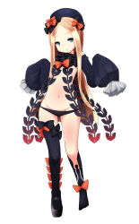 Rule 34 | 1girl, abigail williams (fate), abigail williams (second ascension) (fate), bare shoulders, black bow, black footwear, black panties, black socks, blonde hair, blue eyes, bow, closed mouth, commentary request, detached sleeves, fate/grand order, fate (series), forehead, full body, groin, haruto (hirokazu1001), hat, hat bow, head tilt, highres, kneehighs, long hair, long sleeves, looking at viewer, mary janes, navel, no shoes, orange bow, panties, parted bangs, shoes, simple background, single kneehigh, single shoe, single sock, single thighhigh, sleeves past wrists, smile, socks, solo, standing, thighhighs, underwear, very long hair, white background