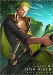 Rule 34 | 1boy, abs, black eyes, character name, closed mouth, commentary, english text, green hair, holding, holding sword, holding weapon, katana, looking at viewer, male focus, one eye closed, one piece, roronoa zoro, scar, scar across eye, scar on chest, scar on face, short hair, solo, sword, watermark, weapon, web address, weibo logo, weibo watermark, zhang ding