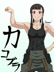 Rule 34 | 1girl, bare shoulders, baron (varon666), blush, breasts, collarbone, commentary request, covered abs, cowboy shot, en&#039;en no shouboutai, flexing, highres, looking at viewer, maki oze, muscular, muscular female, purple eyes, simple background, sleeveless, small breasts, smile, solo, teeth, translation request, varon, white background