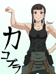 1girl bare_shoulders baron_(varon666) blush breasts collarbone commentary_request covered_abs cowboy_shot en&#039;en_no_shouboutai flexing highres looking_at_viewer maki_oze muscular muscular_female purple_eyes simple_background sleeveless small_breasts smile solo teeth translation_request varon white_background