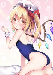 Rule 34 | 1girl, :o, absurdres, ass, bare arms, bare shoulders, bed sheet, blonde hair, blush, breasts, competition school swimsuit, crystal, flandre scarlet, from side, hair between eyes, hand up, hat, highres, kneeling, looking at viewer, looking back, medium hair, mob cap, on bed, one side up, open mouth, red eyes, school swimsuit, shirotsuki shirone, small breasts, solo, swimsuit, touhou, white hat, wings, wrist cuffs