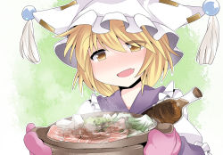 Rule 34 | 1girl, alcohol, animal ears, blonde hair, blush, bottle, dress, fang, food, gloves, hammer (sunset beach), hat, meat, nabe, open mouth, oven mitts, pot, short hair, smile, snake, snake wine, solo, steam, tabard, tofu, touhou, yakumo ran, yellow eyes