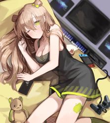 Rule 34 | 1girl, absurdres, bare arms, black dress, blush, bow, breasts, brown hair, cleavage, closed mouth, collarbone, controller, double bun, dress, dutch angle, eyes visible through hair, feet out of frame, fishnet socks, fishnets, game controller, girls&#039; frontline, green eyes, hair between eyes, hair bow, hair bun, hair ornament, highres, long hair, looking at viewer, lying, medium breasts, nintendo switch, on bed, on side, one eye closed, paint splatter, phone, rfb (girls&#039; frontline), seorang, socks, solo, stuffed animal, stuffed toy, teddy bear, television, yellow bow