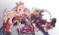Rule 34 | 10s, 1girl, :d, ass, black cape, black footwear, black shirt, black thighhighs, blonde hair, blunt bangs, book, boots, bow, bracelet, brooch, buckle, cagliostro (granblue fantasy), cape, clenched hand, collarbone, crossed legs, frilled skirt, frills, gem, gradient background, granblue fantasy, grey background, hand up, holster, jewelry, knee boots, liquid, long hair, looking at viewer, looking to the side, miyabi urumi, multicolored cape, multicolored clothes, open book, open mouth, pages, purple eyes, red bow, red cape, red ribbon, ribbon, shadow, shirt, skirt, sleeveless, sleeveless shirt, smile, solo, spiked bracelet, spikes, straight hair, thighhighs, tiara, vambraces, vial, white background, wind