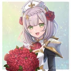 Rule 34 | 1girl, armor, armored dress, ascot, blunt bangs, bouquet, braid, flower, genshin impact, glint, gradient background, green eyes, hair intakes, hair ornament, highres, holding, karanashi mari, looking at viewer, medium hair, noelle (genshin impact), open mouth, red flower, red rose, rose, shoulder armor, silver hair, smile, solo, sparkle, twitter username, upper body