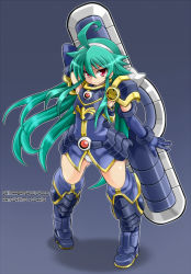 Rule 34 | 1girl, armor, blue background, boots, character name, copyright name, gauntlets, gradient background, green hair, hairband, huge weapon, karukan (monjya), long hair, looking at viewer, no pants, panties, pigeon-toed, polaris (shinrabanshou), red eyes, shadow, shinrabanshou, smile, solo, sword, thigh boots, thighhighs, underwear, weapon, white panties