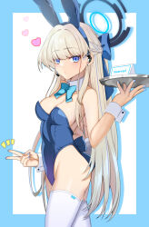 Rule 34 | 1girl, blonde hair, blue archive, blue background, blue bow, blue eyes, blue hair, blue leotard, blue nails, bow, braid, closed mouth, commentary request, earrings, groin, hair bow, halo, hand up, headset, heart, highres, holding, holding tray, iseshi, jewelry, leotard, long hair, looking at viewer, multicolored hair, nail polish, playboy bunny, solo, strapless, strapless leotard, streaked hair, stud earrings, thighhighs, toki (blue archive), toki (bunny) (blue archive), tray, two-tone background, v, very long hair, white background, white thighhighs, wrist cuffs