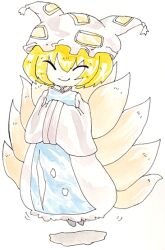 Rule 34 | 1girl, ^ ^, animal hat, blonde hair, blue tabard, chibi, closed eyes, closed mouth, dot nose, dqn (dqnww), dress, facing viewer, floating, fox tail, full body, hair between eyes, hands in opposite sleeves, hat, kitsune, kyuubi, long dress, long sleeves, mandarin collar, mob cap, motion lines, multiple tails, short hair, simple background, smile, solo, tabard, tail, tassel, touhou, traditional media, white background, white dress, white hat, wide sleeves, yakumo ran