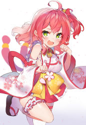 Rule 34 | 1girl, absurdres, ahoge, bare shoulders, blush, breasts, bridal garter, cherry blossom print, detached sleeves, floral print, green eyes, hair ornament, highres, hololive, kawachi rin, long hair, looking at viewer, one side up, open mouth, paw pose, paw print, paw print pattern, pink hair, sakura miko, sakura miko (1st costume), solo, virtual youtuber, white background, wide sleeves
