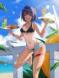 Rule 34 | 1girl, :d, absurdres, barefoot, beach, bikini, bird, black bikini, blue hair, blue sky, breasts, chinese commentary, cleavage, cloud, commentary request, day, food, foot out of frame, front-tie bikini top, front-tie top, genshin impact, hair rings, highres, holding, holding plate, looking at viewer, medium breasts, navel, open fly, open mouth, outdoors, paradox (parapa), plate, railing, short hair, short shorts, shorts, sky, smile, solo, standing, standing on one leg, stomach, swimsuit, tan, tanline, thigh strap, thighs, xiangling (genshin impact), yellow eyes