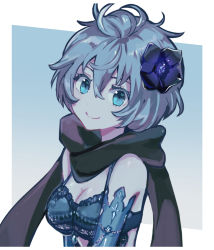 Rule 34 | 1girl, 3ch , antenna hair, black scarf, blue eyes, blue hair, bra, breasts, cleavage, commentary request, detached sleeves, drag-on dragoon, drag-on dragoon 3, flower, hair between eyes, hair flower, hair ornament, highres, lace, lace-trimmed bra, lace trim, lingerie, messy hair, miichinori, scarf, short hair, small breasts, smile, solo, two (drag-on dragoon), underwear