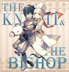Rule 34 | arknights, armor, aruke0, bishop (clergy), bishounen, black hair, blue eyes, english text, faust (arknights), full body, green eyes, hat, highres, hobby horse, knight, male focus, medieval, mephisto (arknights), pointy ears, shoes, short hair, shorts, smile, white hair