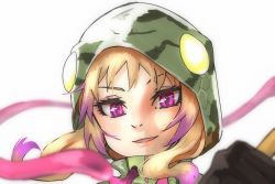 Rule 34 | 1girl, african rock python (kemono friends), blonde hair, commentary, drawstring, highres, hood, hood up, kemono friends, long hair, looking at viewer, multicolored hair, parted lips, pink eyes, pink hair, portrait, simple background, smile, snake hood, solo, thin (suzuneya), white background