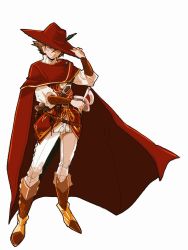Rule 34 | 1boy, bartz klauser, belt, brown hair, cape, closed mouth, final fantasy, final fantasy v, hair between eyes, hat, hat feather, leather, male focus, one eye closed, red cape, red hat, red mage (final fantasy), saitou piyoko, sheath, simple background, smile, solo, white background
