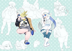 Rule 34 | 1boy, 1girl, absurdres, black-framed eyewear, blue-tinted eyewear, blue eyes, boots, brown jacket, coalossal, collared shirt, commentary request, creatures (company), crossed legs, game freak, gen 1 pokemon, gen 8 pokemon, gloves, gordie (pokemon), gym leader, hat, highres, jacket, jewelry, knees, lapras, long hair, looking at another, melony (pokemon), mira (miramita8727), mother and son, multicolored hair, multiple views, necklace, nintendo, pantyhose, pantyhose under shorts, partially colored, pokemon, pokemon (creature), pokemon swsh, ring, scarf, shirt, shoes, shorts, single glove, snom, streaked hair, sunglasses, sweater, tinted eyewear, two-tone hair, white footwear, white headwear, white scarf, white sweater