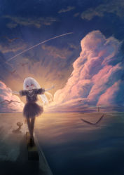 Rule 34 | 1girl, balancing, bird, black footwear, blouse, blue jacket, blue sailor collar, blue skirt, blush, boat, brown pantyhose, cloud, cloudy sky, commentary request, full body, grey hair, grey neckerchief, hands up, highres, jacket, lighthouse, long hair, looking at viewer, neckerchief, ocean, open mouth, original, outdoors, outstretched arms, pantyhose, red eyes, rock, sailor collar, school uniform, serafuku, shirt, short sleeves, siruru0503, skirt, sky, smile, solo, standing, summer, sunset, teeth, upper teeth only, watercraft, white hair, white shirt