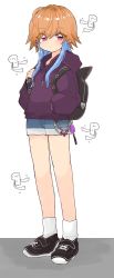 Rule 34 | 29 zyu, aged down, backpack, bag, bare legs, black bag, black footwear, blue hair, blue shorts, chain, commentary, crime prevention buzzer, denim, denim shorts, dot nose, expressionless, flat chest, highres, hood, hoodie, idolmaster, idolmaster cinderella girls, legs, light brown hair, long hair, long sleeves, looking at viewer, multicolored hair, ninomiya asuka, p-head producer, pink eyes, producer (idolmaster), purple background, purple hoodie, shoes, shorts, sneakers, socks, solo focus, thighs, twitter username, two-tone hair, white background, white legwear