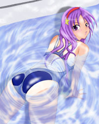 Rule 34 | 1girl, all fours, asamiya athena, ass, competition swimsuit, from above, hair ornament, hairband, looking at viewer, looking back, looking up, non-web source, one-piece swimsuit, one-piece tan, partially submerged, pool, purple eyes, purple hair, red hairband, ripples, snk, solo, star (symbol), star hair ornament, submerged, swimsuit, tan, tanline, the king of fighters