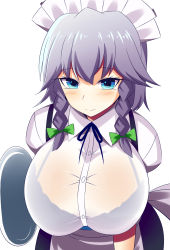 Rule 34 | 1girl, alternate breast size, apron, blue eyes, braid, breasts, collared shirt, gero zoukin, highres, izayoi sakuya, large breasts, maid, maid headdress, red eyes, see-through, shirt, short hair, silver hair, simple background, solo, touhou, twin braids, waist apron, white background