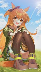 Rule 34 | 1girl, absurdres, animal ears, ankle boots, bomber jacket, boots, bow, cloud, cross-laced footwear, ear ribbon, grass, highres, horse ears, horse girl, horse tail, jacket, knees up, lace-up boots, looking at viewer, mayano top gun (umamusume), mono (mono zzz), open mouth, orange eyes, orange hair, outdoors, ribbon, sitting, sky, solo, sunlight, tail, thighhighs, two side up, umamusume