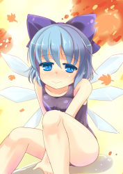 Rule 34 | 1girl, :&gt;, blue eyes, blue hair, blush, bow, cirno, hair bow, matching hair/eyes, niiya, one-piece swimsuit, school swimsuit, short hair, solo, swimsuit, touhou, wings