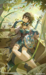 1girl absurdres aqua_dress aqua_gloves aqua_hair bird blue_eyes breasts brown_hair calligraphy_brush chinese_clothes cleavage cup dress elbow_gloves gloves green_bird hair_between_eyes highres holding honkai:_star_rail honkai_(series) incense_burner instrument long_hair looking_at_viewer mandarin_collar manyu_chapaofan multicolored_hair paintbrush ruan ruan_mei_(honkai:_star_rail) sitting smoke solo streaked_hair tassel tea teacup thigh_strap weibo_logo weibo_watermark