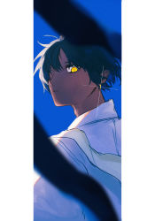 Rule 34 | 1boy, arknights, black hair, blue background, blurry, blurry foreground, closed mouth, collared shirt, dark-skinned male, dark skin, depth of field, earrings, from behind, glint, hair over one eye, highres, jacket, jewelry, looking at viewer, looking back, male focus, senjou no pentsu, shirt, solo, thorns (arknights), white jacket, white shirt, yellow eyes