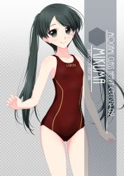 Rule 34 | 1girl, artist name, asymmetrical hair, black hair, blush, brown one-piece swimsuit, character name, checkered background, clothes writing, collarbone, commentary request, competition swimsuit, cowboy shot, eyes visible through hair, flat chest, gradient background, grey background, grey eyes, highres, inaba shiki, kantai collection, logo, long hair, looking at viewer, mikuma (kancolle), multicolored clothes, multicolored swimsuit, one-hour drawing challenge, one-piece swimsuit, red one-piece swimsuit, smile, solo, striped clothes, striped one-piece swimsuit, swimsuit, twintails, vertical-striped clothes, vertical-striped one-piece swimsuit