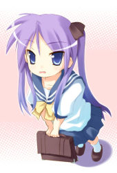 Rule 34 | 00s, 1girl, :d, blue eyes, blue hair, briefcase, collarbone, eyebrows, full body, hiiragi kagami, loafers, looking at viewer, lucky star, matching hair/eyes, open mouth, pink background, puffy short sleeves, puffy sleeves, safi, sailor collar, school briefcase, school uniform, serafuku, shoes, short sleeves, simple background, smile, solo, v arms