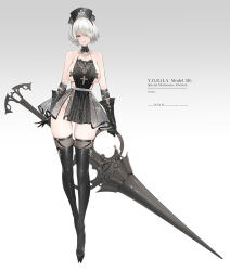 Rule 34 | 1girl, 2b (nier:automata), absurdres, bare shoulders, black dress, black gloves, black hat, blue eyes, boots, breasts, collarbone, dishwasher1910, dress, elbow gloves, full body, gloves, hair over one eye, hat, highres, large breasts, long legs, looking at viewer, nier:automata, nier (series), pasties, short dress, short hair, sideboob, solo, swept bangs, thigh boots, weapon, white hair