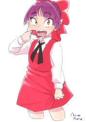 Rule 34 | 1girl, bow, cat girl, commentary request, cropped legs, dress, gegege no kitarou, hair bow, looking at viewer, mizukane, mouth pull, nekomusume, nekomusume (gegege no kitarou 6), open mouth, pointy ears, purple hair, red bow, red dress, sharp teeth, short hair, simple background, solo, teeth, white background, yellow eyes