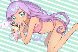 Rule 34 | !, 1girl, :t, ahoge, aqua background, aqua eyes, armpit crease, bare arms, bare legs, bare shoulders, barefoot, bikini, blush, breasts, chocolate, close-up, collarbone, commentary request, crepe, dark-skinned female, dark skin, dutch angle, eating, female focus, food, food on face, food wrapper, from side, fruit, highres, holding, holding food, long hair, looking away, looking to the side, manaka laala, midriff, multicolored background, nekono moni, pink bikini, pocky, pout, pretty series, pripara, purple hair, sideboob, sideways glance, small breasts, solo, speech bubble, spoken exclamation mark, stomach, strapless, strapless bikini, strawberry, striped, striped background, swimsuit, tan, very long hair, white background
