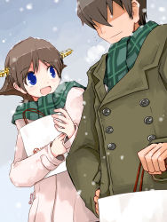 Rule 34 | 10s, 1boy, :d, admiral (kancolle), bag, blue eyes, blush, breath, brown coat, brown hair, closed mouth, coat, day, flying sweatdrops, green scarf, hair ornament, hair over eyes, hairband, hairclip, hand on own hip, hiei (kancolle), holding, kanoe soushi, kantai collection, looking at another, open mouth, outdoors, scarf, shopping bag, short hair, smile, snow, twitter username