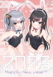 Rule 34 | 2023, 2girls, :o, absurdres, animal ears, asashio (kancolle), bare shoulders, black hair, black ribbon, blush, breasts, brown eyes, carrot hair ornament, cleavage, detached collar, fake animal ears, fake tail, food-themed hair ornament, from above, full body, grey eyes, grey hair, hair ornament, hair ribbon, happy new year, highres, kantai collection, kasumi (kancolle), kayuma, leotard, long hair, multiple girls, neck ribbon, new year, playboy bunny, rabbit ears, rabbit tail, red ribbon, ribbon, side ponytail, small breasts, tail, wrist cuffs