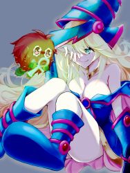 Rule 34 | 1girl, 1other, ankh, bare shoulders, blonde hair, blue dress, blue footwear, blue headwear, breasts, cleavage, collar, commentary, crying, dark magician girl, dress, duel monster, garabato choi, green eyes, grey background, hand on own face, hat, highres, holding, kuriboh, large breasts, long hair, off-shoulder dress, off shoulder, simple background, sitting, smile, very long hair, yu-gi-oh!, yu-gi-oh! duel monsters
