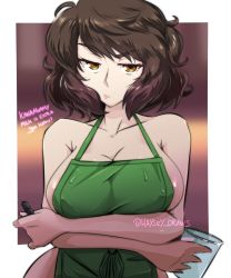Rule 34 | 1girl, apron, barista, bottomless, breasts, brown hair, cafe, cleavage, covered erect nipples, english text, female focus, frown, haysey, highres, iced latte with breast milk (meme), kawakami sadayo, large breasts, looking at viewer, meme, naked apron, persona, persona 5, short hair, solo, topless, upper body, yellow eyes