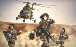 Rule 34 | 5girls, aircraft, arm behind head, assault rifle, black hair, brown eyes, brown hair, bullpup, camouflage, canteen, desert, goggles, goggles on head, goggles on headwear, gun, gun sling, hand up, helicopter, helmet, highres, hill, knee pads, load bearing vest, looking to the side, mi-17, military, military uniform, multiple girls, norinco type 86s, original, rifle, rocket launcher, rpg (weapon), sand, short hair, silhouette, soldier, tanto (tc1995), trigger discipline, uniform, weapon, wind