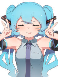 Rule 34 | 1girl, :p, abmayo, bare shoulders, black sleeves, blush, breasts, closed eyes, collared shirt, detached sleeves, double v, facing viewer, green hair, green necktie, grey shirt, hair ornament, hands up, hatsune miku, highres, long hair, medium breasts, necktie, shiny skin, shirt, simple background, solo, tongue, tongue out, twintails, two-tone sleeves, v, vocaloid, white background