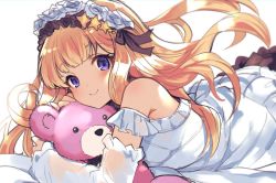 Rule 34 | 1girl, :&gt;, armband, bare shoulders, black ribbon, blonde hair, blue eyes, blush, cagliostro (granblue fantasy), commentary, dress, elbow gloves, fingerless gloves, frilled armband, frilled dress, frills, gloves, granblue fantasy, hair ornament, hair ribbon, headdress, holding, holding stuffed toy, long hair, looking at viewer, lying, nozomu144, on stomach, ribbon, simple background, smile, solo, star (symbol), star hair ornament, stuffed animal, stuffed toy, symbol-only commentary, teddy bear, upper body, white background, white dress, white gloves