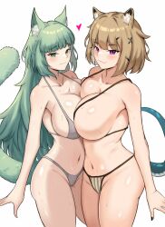 Rule 34 | 2girls, :3, animal ears, arknights, arms behind back, asymmetrical docking, bikini, black nails, blush, breast press, breasts, brown hair, cat ears, cat girl, cat tail, cleavage, commentary, english commentary, fang, fangs (fangs art), from side, green eyes, grey hair, groin, hair ornament, hair over eyes, hairclip, half-closed eyes, harmonie (arknights), highres, hip focus, huge breasts, large breasts, long hair, looking at viewer, medium hair, messy hair, multiple girls, nail polish, navel, pink eyes, purple eyes, sideboob, slit pupils, stomach, striped bikini, striped clothes, swimsuit, tail, thighs, utage (arknights), very long hair, x hair ornament