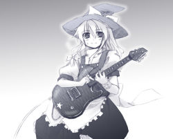Rule 34 | 1girl, blue theme, female focus, guitar, hat, instrument, kirisame marisa, monochrome, solo, touhou, witch, witch hat, yuuki eishi