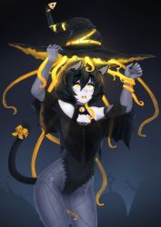 Rule 34 | 1girl, :o, animal ear fluff, animal ears, barbariank, bare shoulders, bell, black capelet, black hair, black leotard, capelet, cat ears, cat girl, cat tail, collar, commentary, cowboy shot, elbow gloves, english commentary, fangs, gloves, glowing, glowing eyes, grey gloves, grey pantyhose, hair between eyes, hat, highres, jingle bell, leotard, looking away, looking up, neck bell, original, pale skin, pantyhose, print capelet, print pantyhose, ribbon, see-through, short hair, solo, spider web print, tail, tail ornament, tail ribbon, teeth, tentacles, witch hat, yellow eyes, yellow ribbon