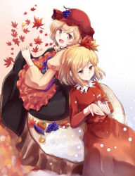 Rule 34 | 2girls, aki minoriko, aki shizuha, apron, autumn, autumn leaves, black skirt, blonde hair, blush, buttons, closed mouth, food, fruit, fruit hat ornament, ginkgo leaf, grape hat ornament, grapes, hair ornament, hat, hat ornament, highres, kachuten, leaf, leaf hair ornament, long sleeves, maple leaf, mob cap, multiple girls, open mouth, persimmon, red apron, red eyes, red headwear, red skirt, red vest, shirt, short hair, siblings, sisters, skirt, smile, touhou, vest, yellow eyes, yellow shirt